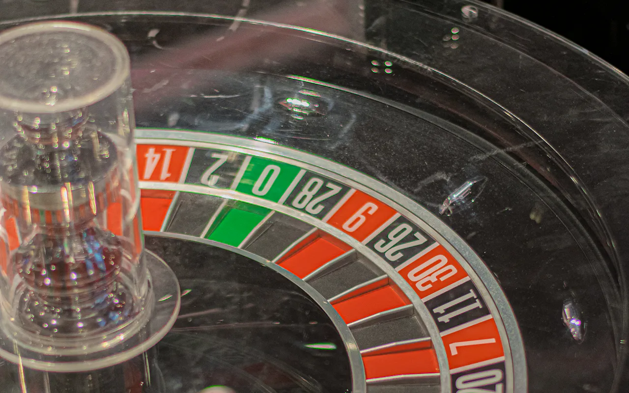 Close-up of a casino roulette wheel
